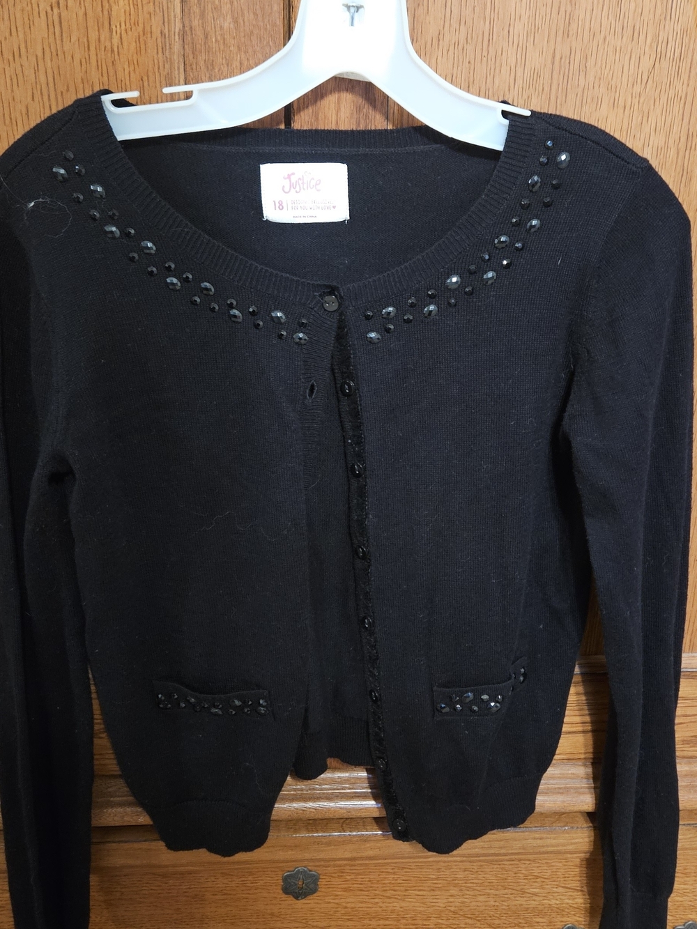 Justice Black Beaded Crewneck Button-Front Cardigan